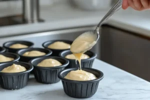 Batter being spooned into a madeline pan on a white granite countertop. 