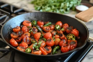 Tomatoes and jalapeños roasting in a cast-iron skillet, with blistered skins and steam rising on a stovetop